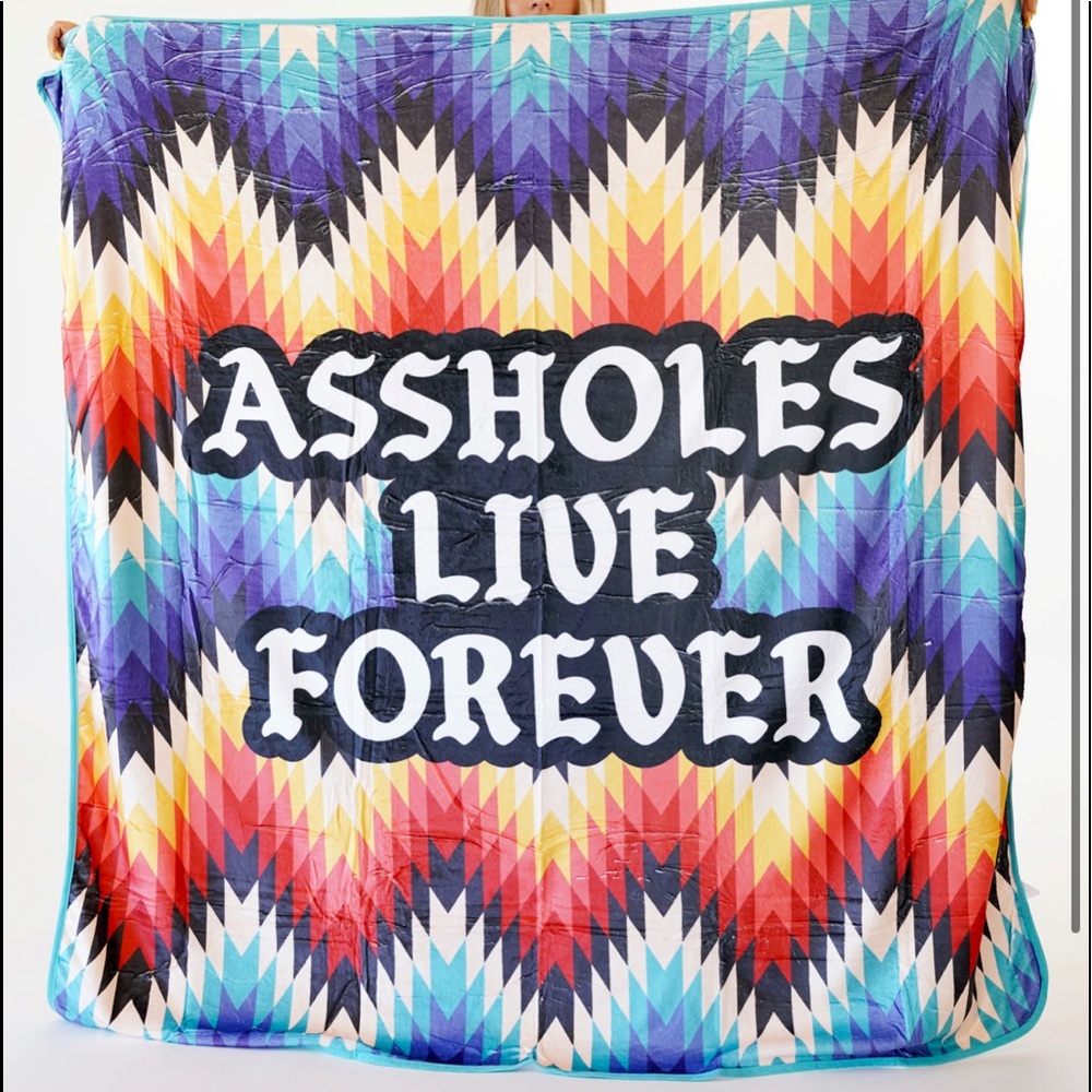 Linda Finegold Assholes Live Forever teal tribal Blanket